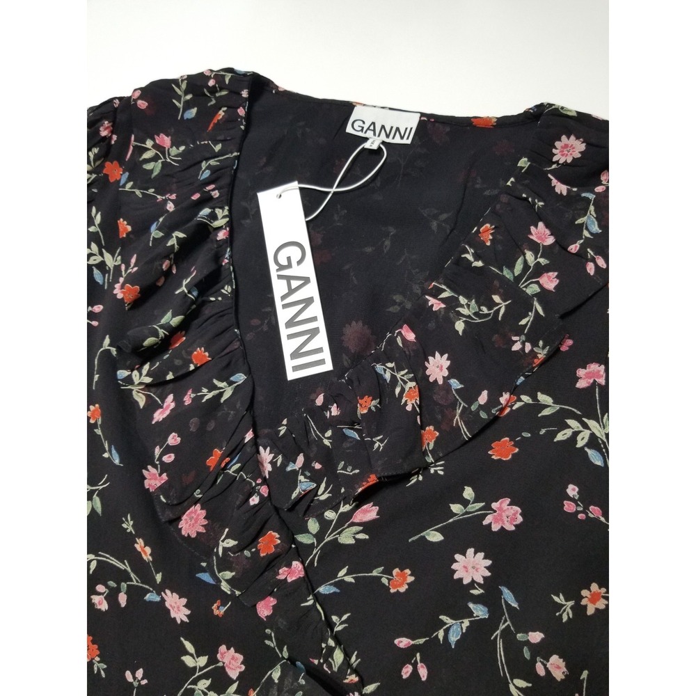 NWT GANNI Floral Print Georgette Wrap Blouse - Black & Pink 🌸 EU 38 (US 6) $160 - Picture 14 of 16